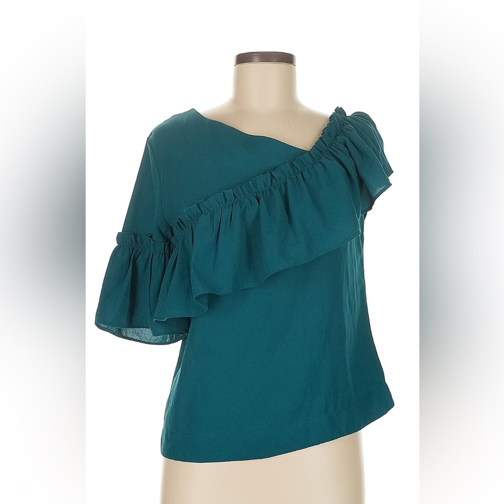 Teal One-Shoulder Ruffle Blouse